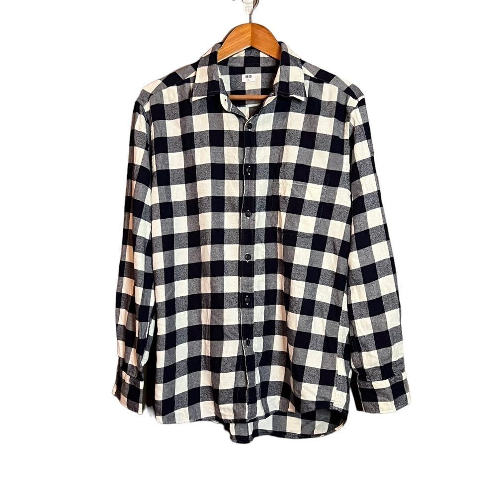 Uniqlo navy and white flannel button down shirt.